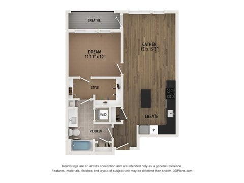 Floor plan for 1 bed, 1 bath, 668 sqft